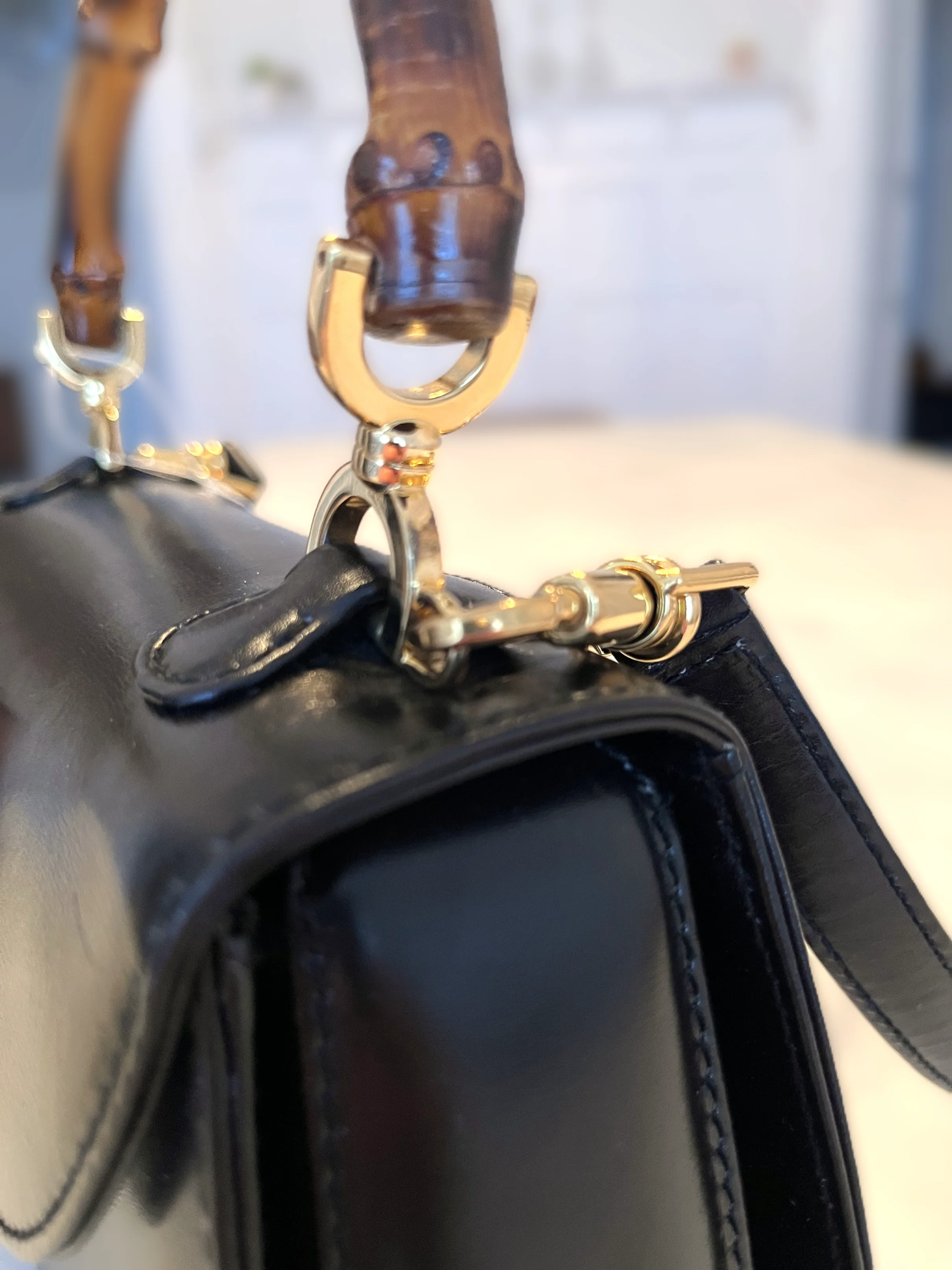 Gucci Black Bamboo 1947 Small Leather Bag, håndtak og stropp