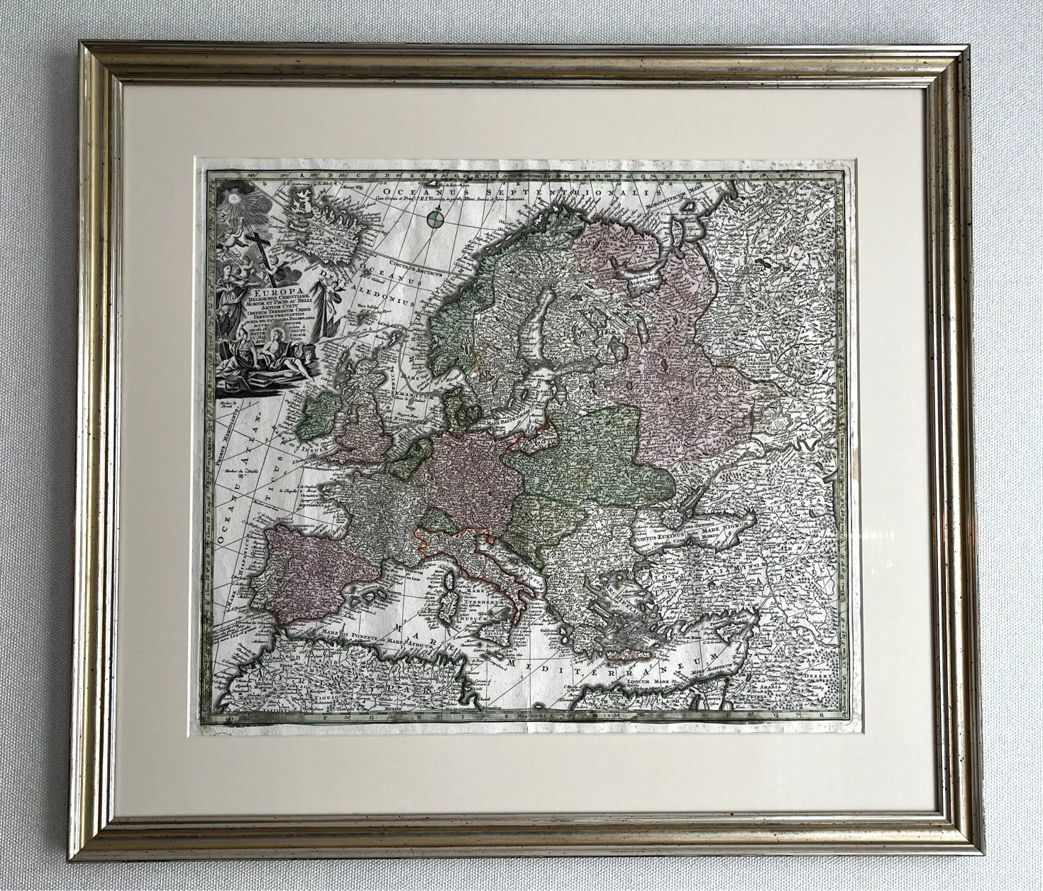 Antikt kolorert Europakart, tegnet av George Matthäus Seutter, 1740.