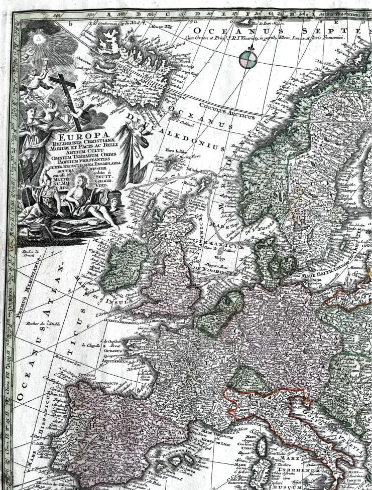Antikt kolorert Europakart, tegnet av George Matthäus Seutter, 1740. Brukthandel og antikviteter